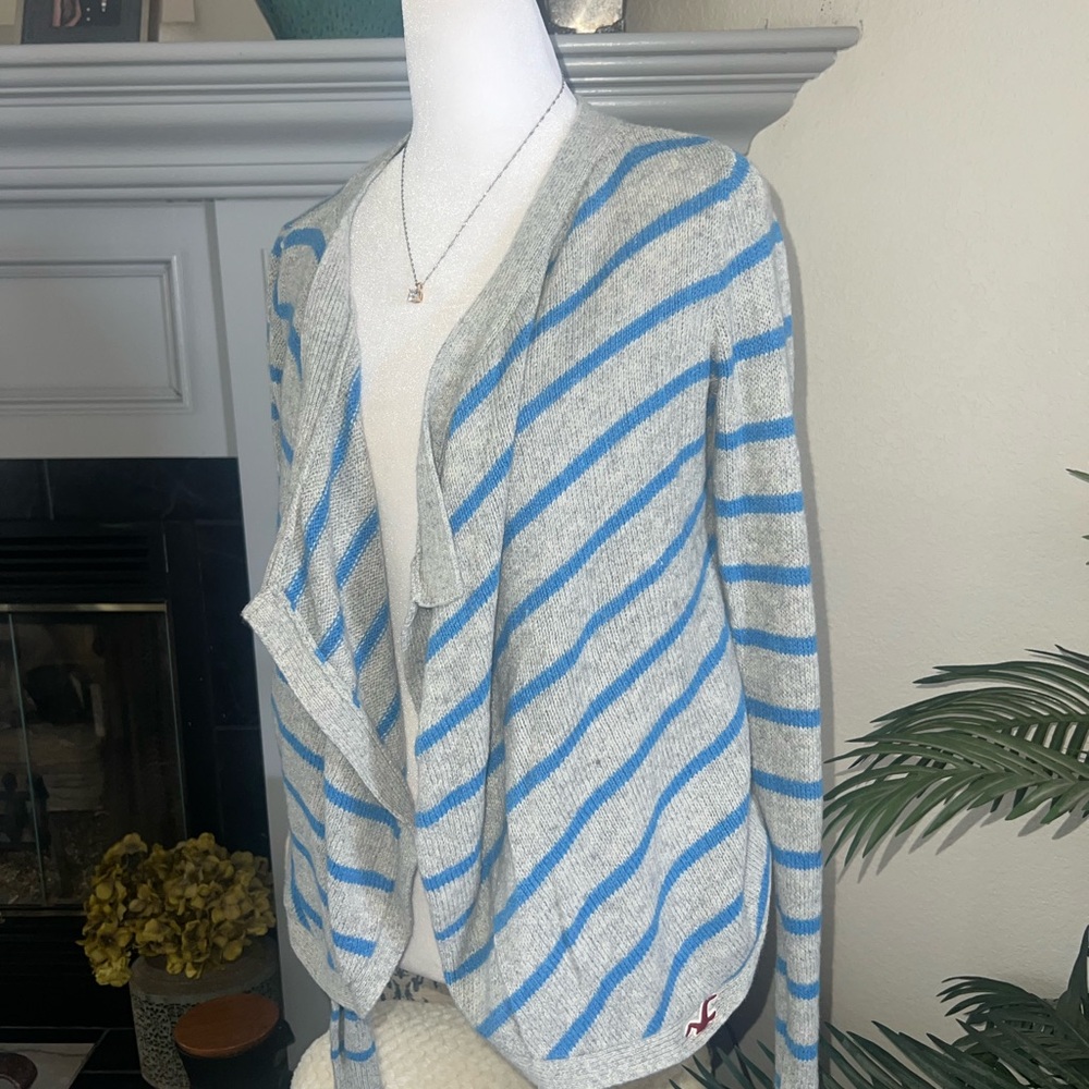 Hollister Vintage Y2K Blue and Gray Striped Open-Front Cardigan Rabbit Hair S